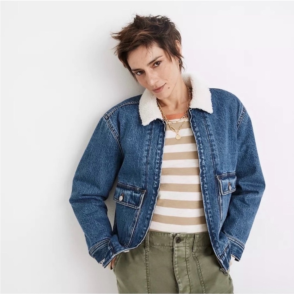Madewell Blue Denim Jean Jacket with White Sherpa Collar